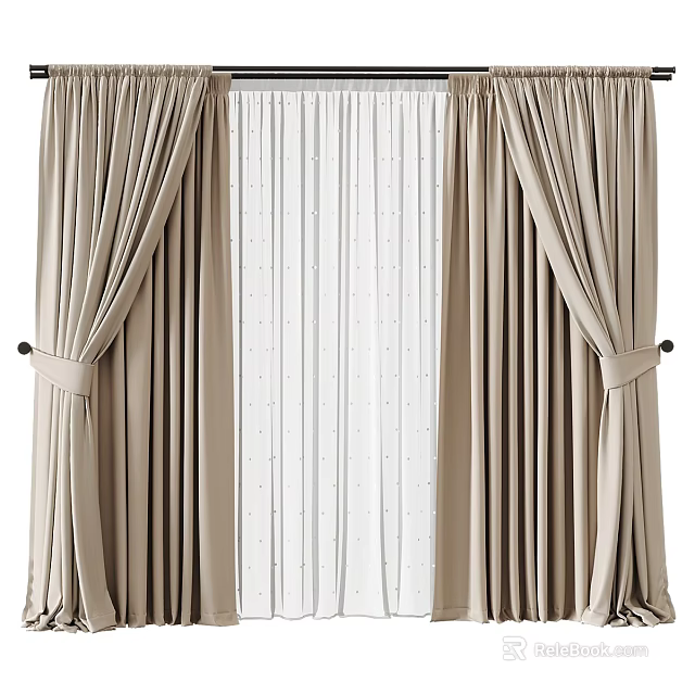 Beige Curtains With Sheer Panels And Tiebacks For Modern Room Decoration 3d model